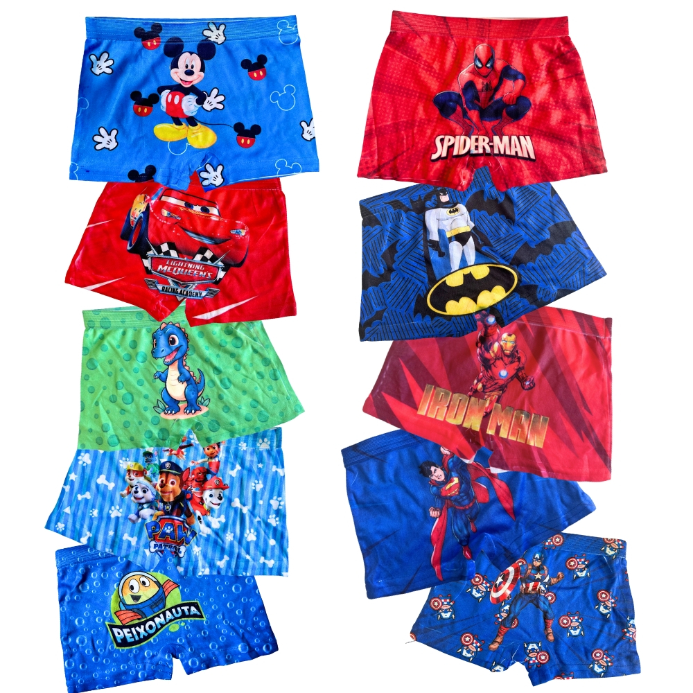 Kit Cuecas Boxer Infantil Meninos Personagens Estampadas Confortáveis Sublimadas