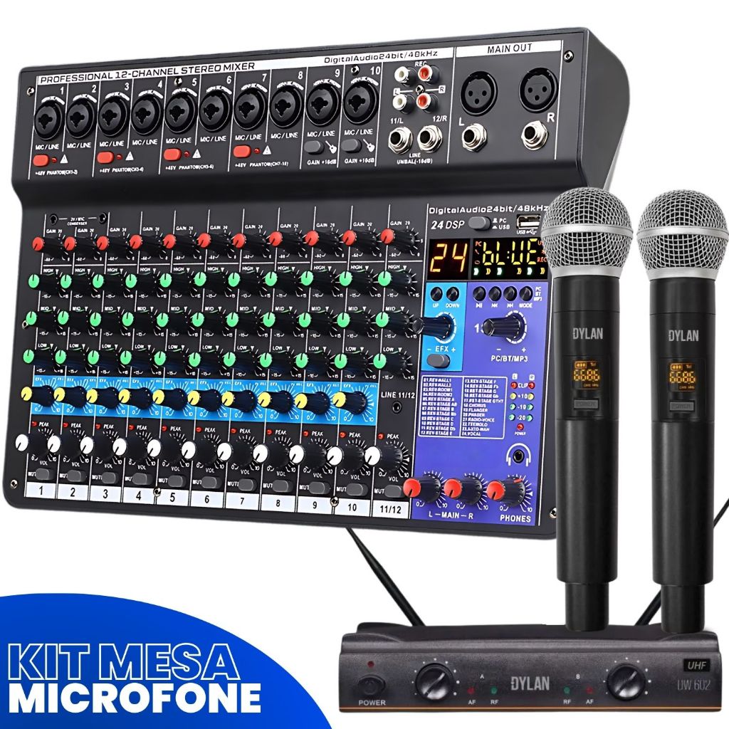 Kit Console Mesa Som 12 Canais Audio Profissional Bluetooth Usb Mixer + Microfone Duplo Sem Fio Dinamico Cardiode Dylan