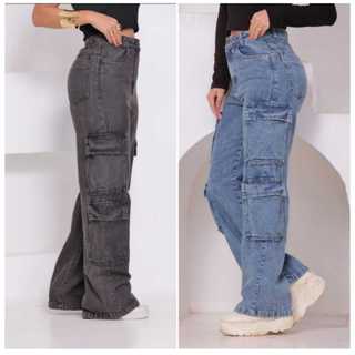 calça feminina wide leg cargo jeans a 4 bolsos na perna