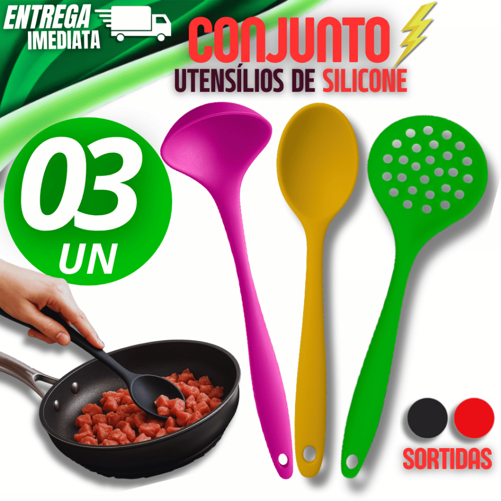 Conjunto  03 Utensílios de Silicone Premium Cozinha Escumadeira Concha Colher Individual cozinha