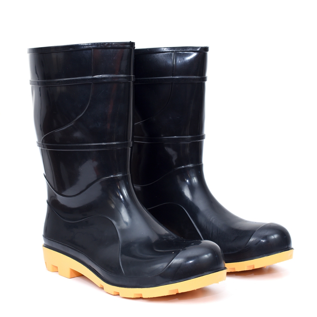 Bota de borracha sola antiderrapante Galocha anti chuvas unisex preto com sola amarela