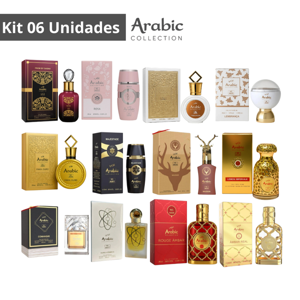 Kit 06 Perfumes Arabic Collection Feminino e Masculino Miniatura 25ml