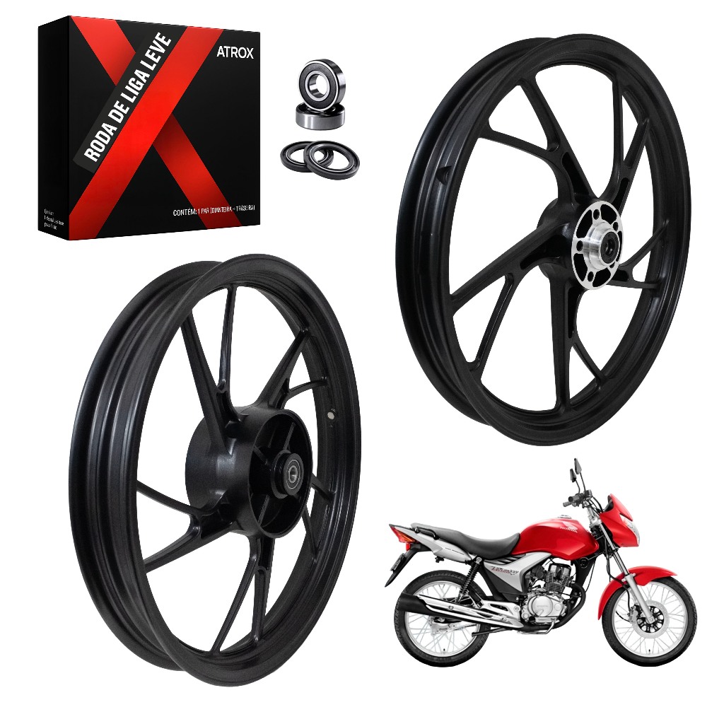 Jogo Rodas Liga Leve CG MIX Titan 150 2004 a 2013 Fan 150 11 a 13 Pé de Galinha Preta Freio a Disco