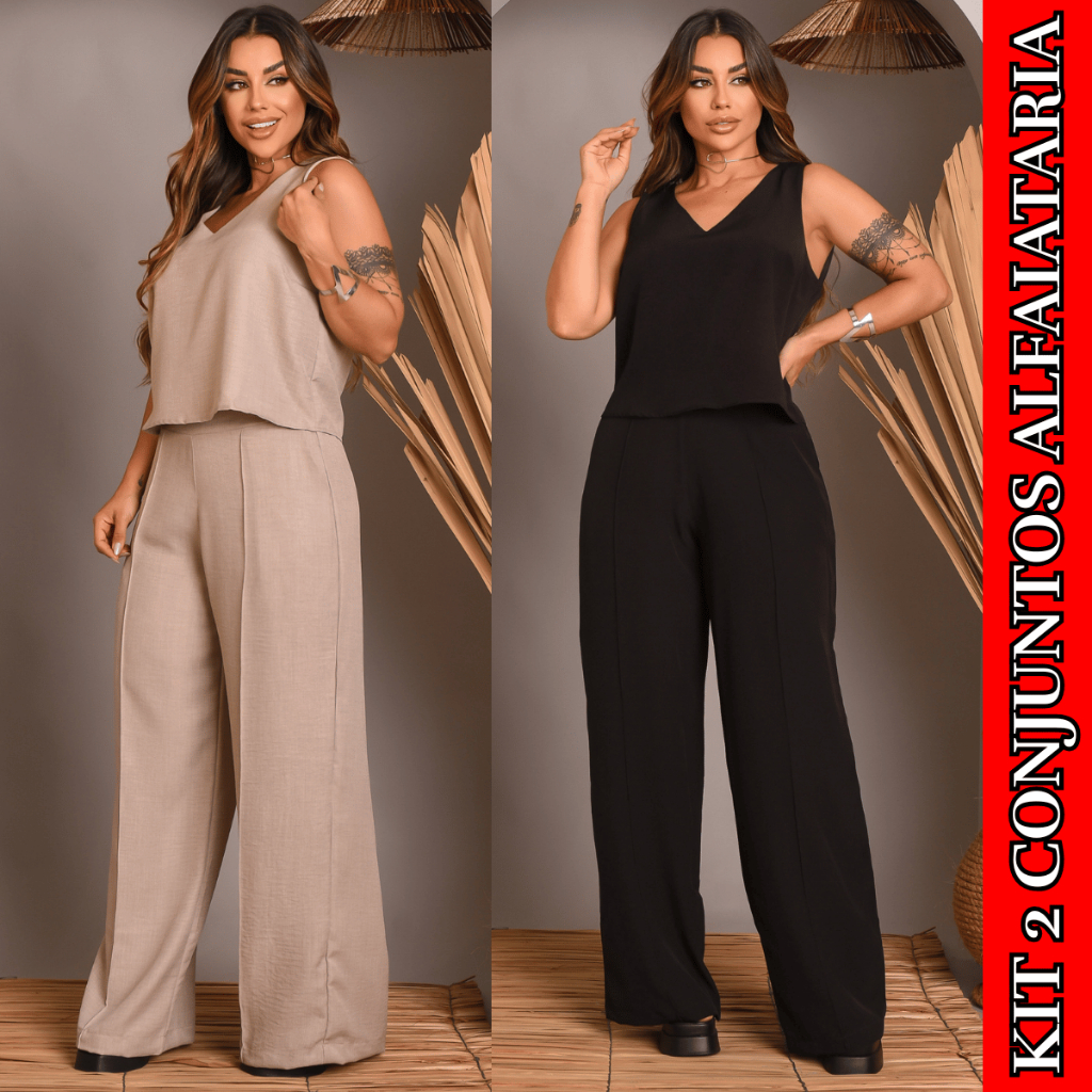 Kit 2 Conjunto Feminino Alfaiataria De Calça Pantalona E Blusa  Regata Social Básica Verão Soltinho