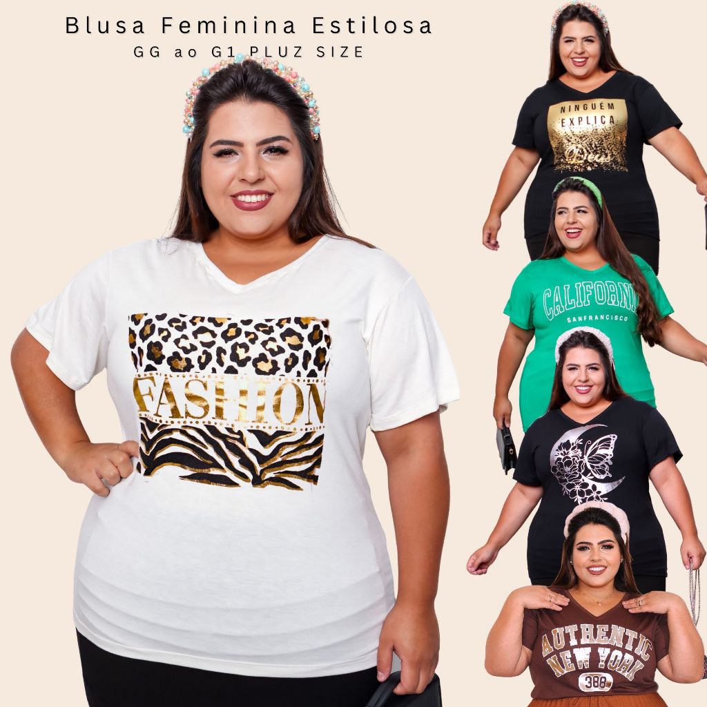 KIT 2 OU 1 UNIDADE Blusa Estilosa Feminina Pluz Size  Camiseta Gola V Tecido Viscolycra Confortável em Oferta na Shopee