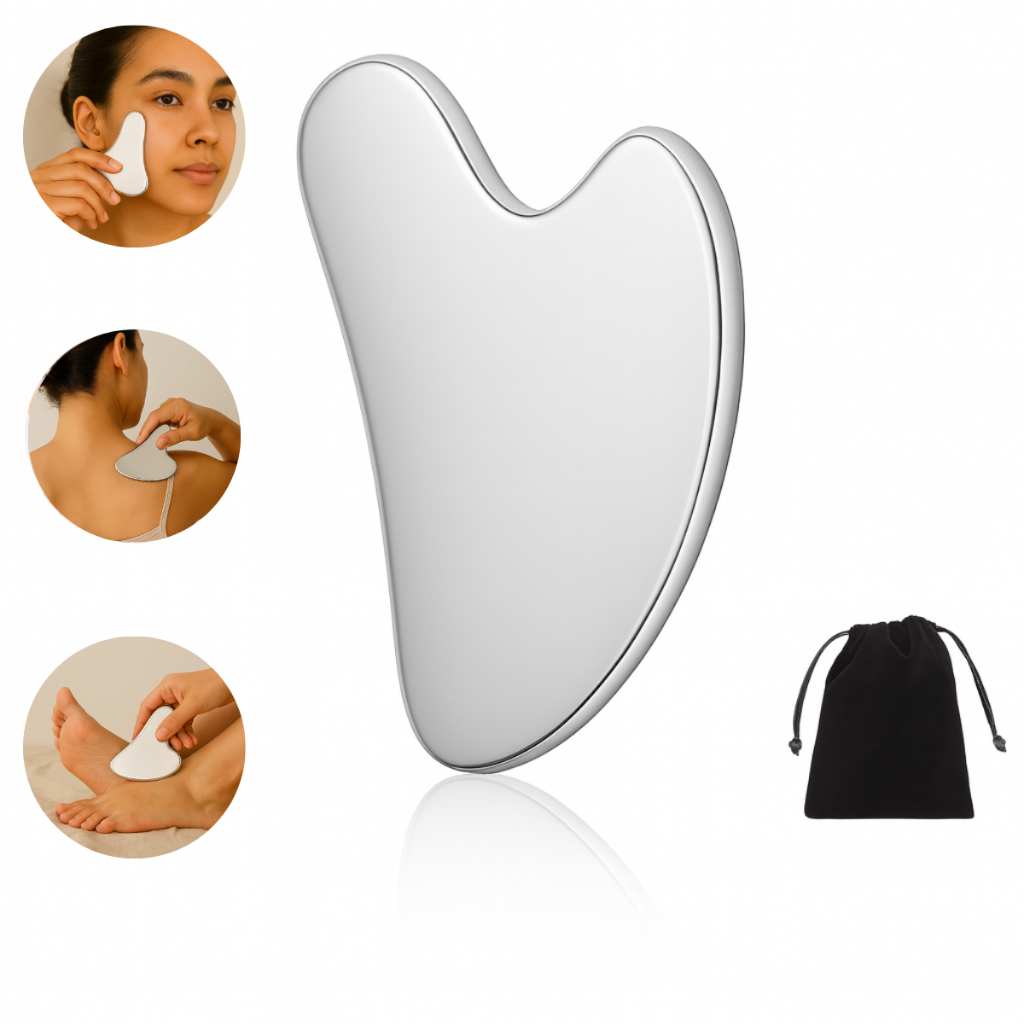 Placa Gua Sha Inox 95g com Capa – Massagem Facial, Skincare, Antirugas, Drenagem Linfática e Guasha em Oferta na Shopee
