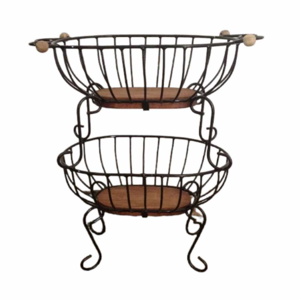 fruteira oval de dois andares em ferro e madeira em Oferta na Shopee