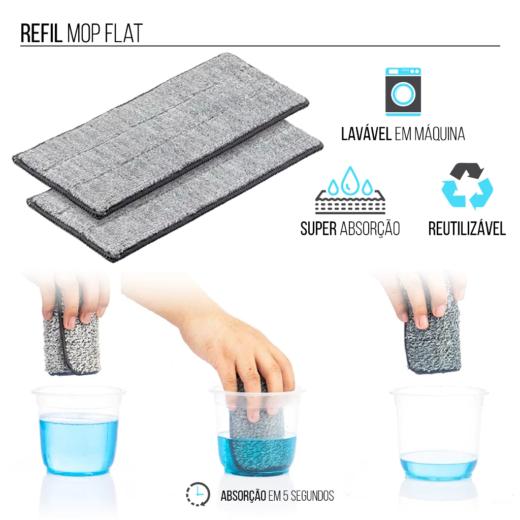 🧹Kit Refil Flat Mop Esfregão Vassoura Mágica Rodo Microfibra Reutilizável Mop Flat - Envio Imediato