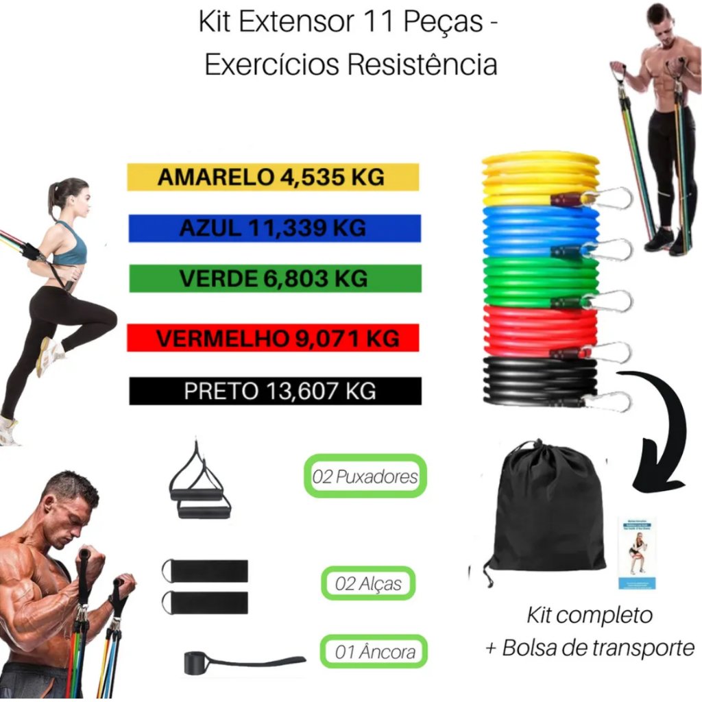 Kit Elásticos Extensores Para Treino 11 peças Treino Funcional Musculação Fisioterapia