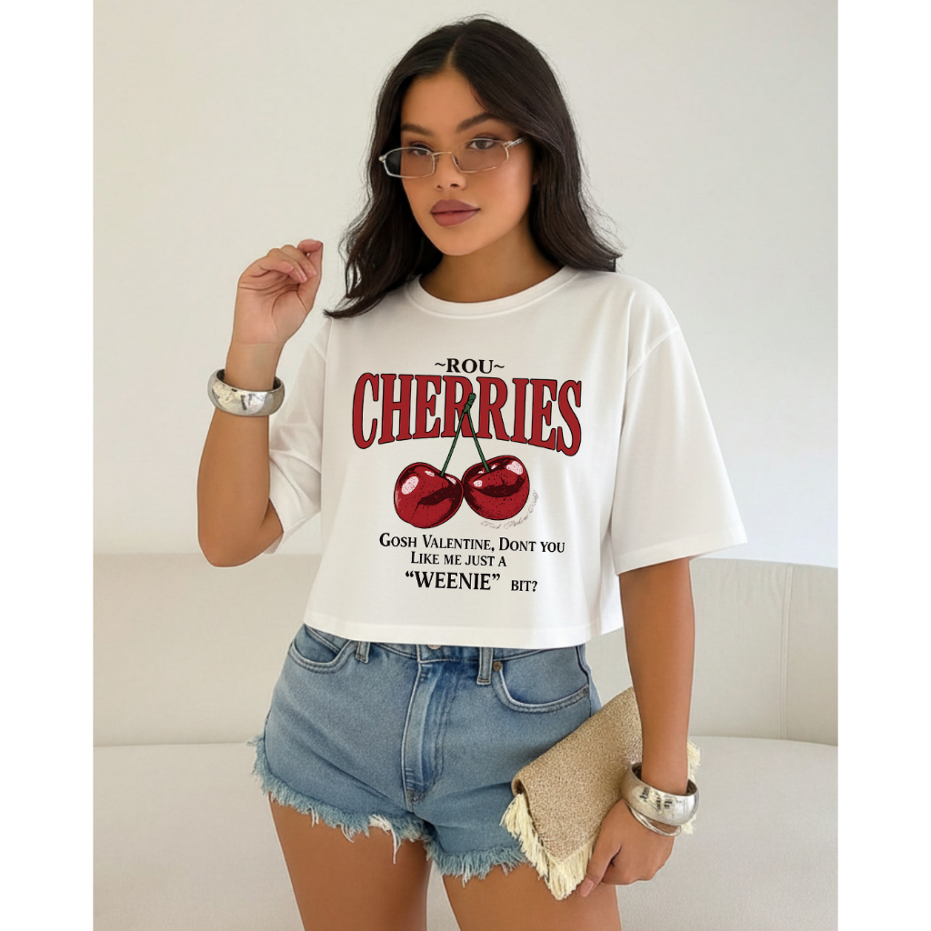 Blusa Cropped Curta Cereja Algodão Premium Feminina Oversized Estilosa Aesthetic Tendência