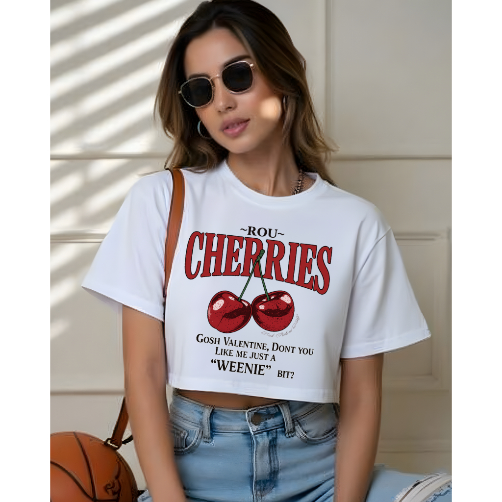 Cropped Feminino Algodão Premium Cherries T-Shirt Oversized Aesthetic Estilosa Curta Tendência ENVIO JÁ