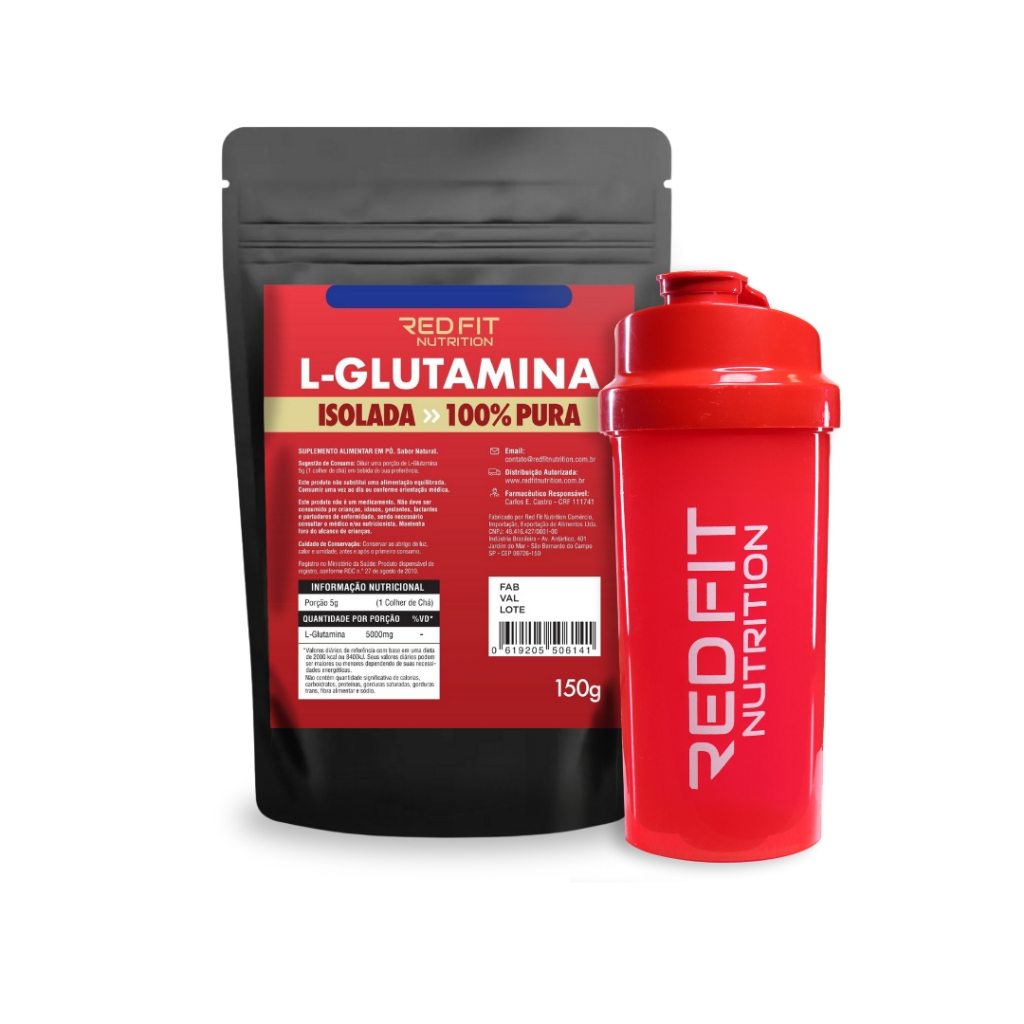 L-Glutamina 150g Shaker Red 600ml - 100% Pura Matéria-Prima Importada - Red Fit Nutrition