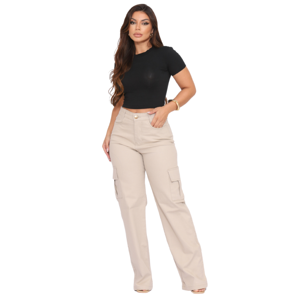 Calça Jeans Feminina Cargo Wide Leg Cintura Alta Com Bolsos