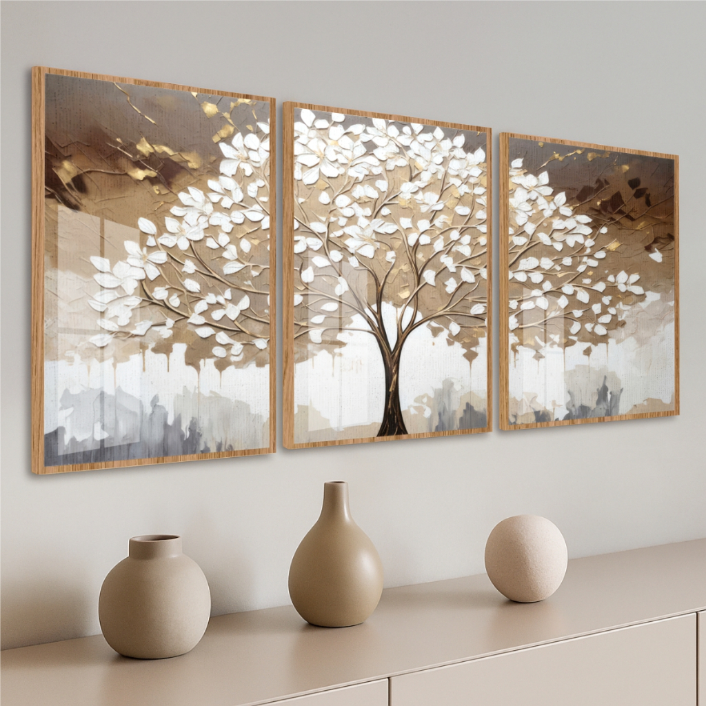 Quadro Moldura e Vidro Kit 3 Peças Grandes Árvore da Vida Flor Branca Marrom Quarto Sala Escritório