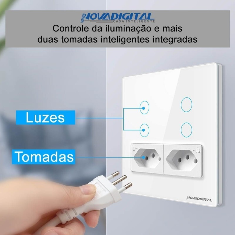 Detalhes do Interruptor Inteligente Wifi Novadigital 4 Teclas Botões Touch 2 Tomadas 10a 4x4 Automação
