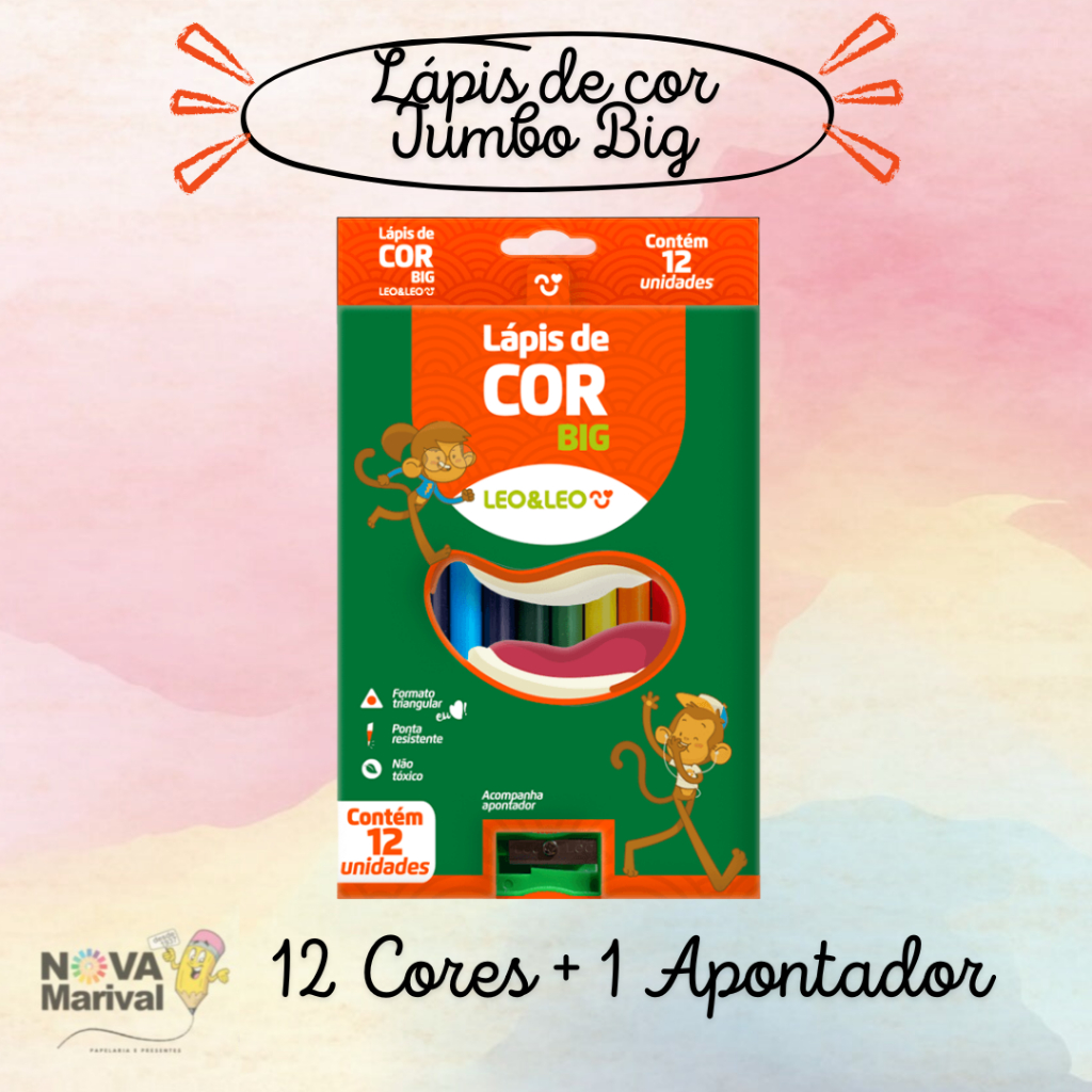 Kit 3 caixas ou unitário de Lápis de cor Super Jumbo Big 12 Cores Grosso + Apontador Leo E Leo em Oferta na Shopee