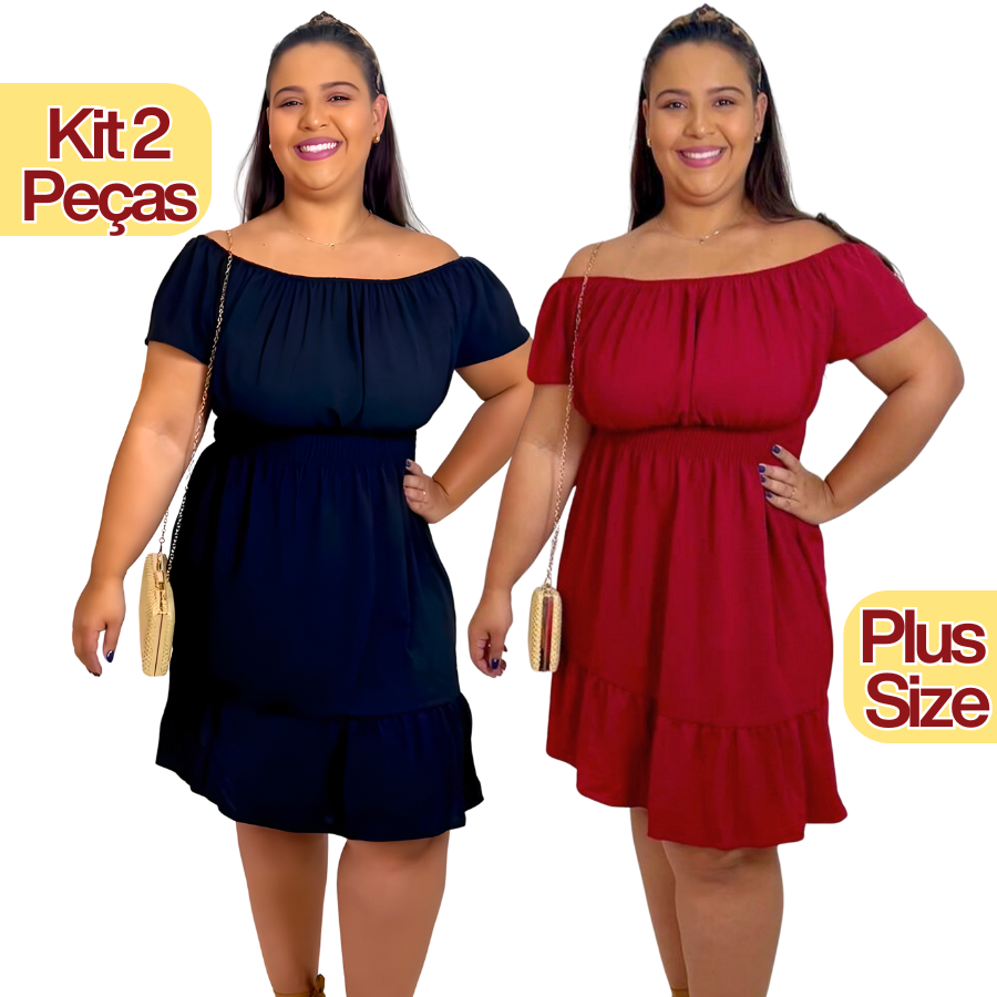 Kit com 2 Vestidos Plus Size Curto Ciganinha Ombro à Ombro Duna Moda Verão Elegante com Desconto!