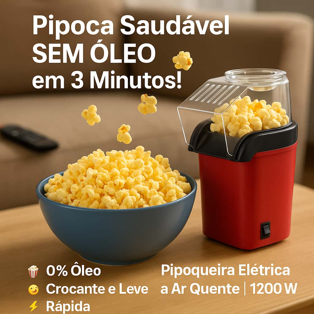 Pipoqueira Elétrica 1200W | Sem Óleo e Rápida | Máquina de Pipoca Ar Quente