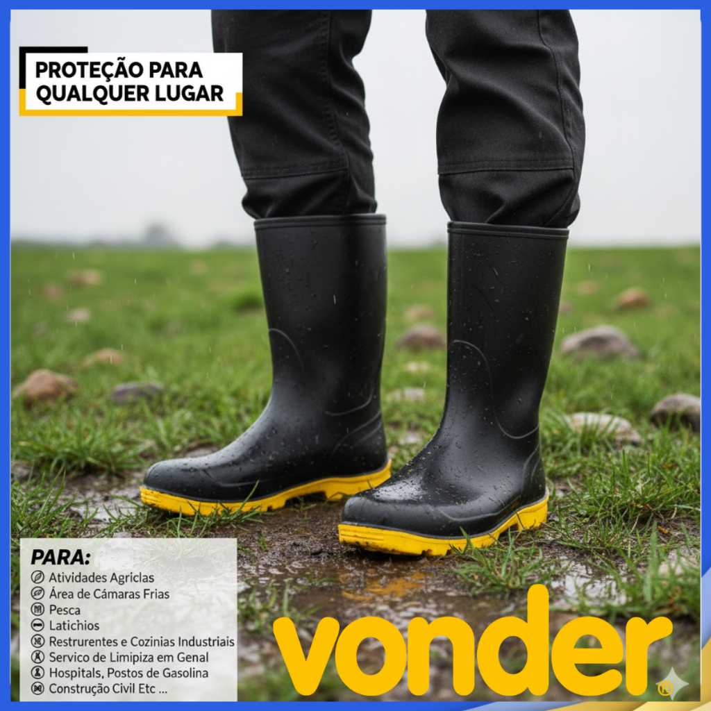 Detalhes do Bota PVC Impermeável Chuva Trabalho Motoqueiro Delivery Pesca Obra Jardim Preta Amarelo Epi 37 a 43