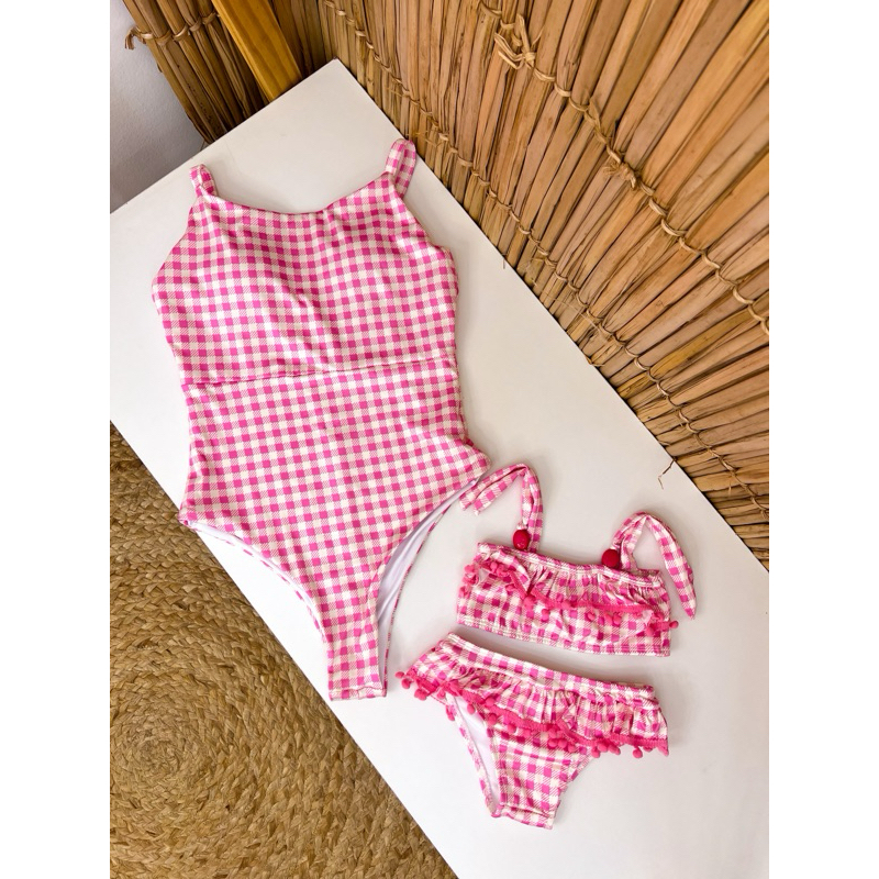 Kit Mãe e Filha Moda Praia - Maiô Adulto e biquini infantil | Tal Mãe Tal Filha estampa xadrez| Biquíni mãe e filha