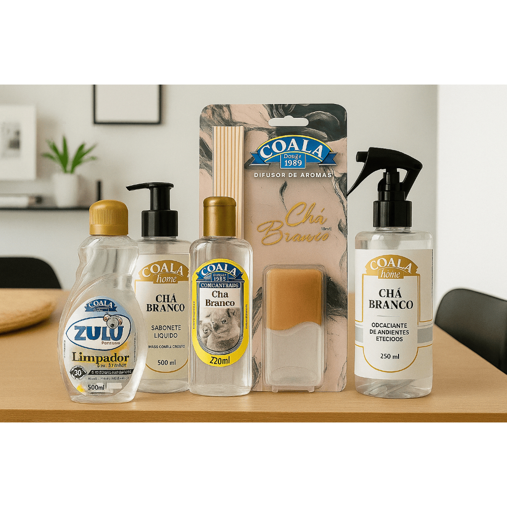 Kit Completo Chá Branco Coala Essência+Difusor+Odorizante+Sabonete+Limpador