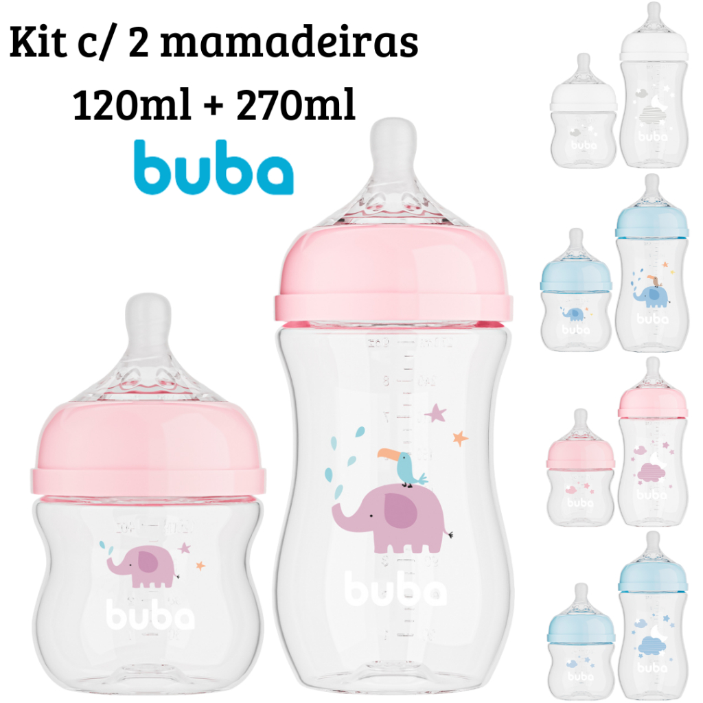 Kit 2 Mamadeiras Easy Flow Buba 120 e 270ml Válvula Anticólica e Bico Pétala Ultrasoft Fluxo 1 e 2