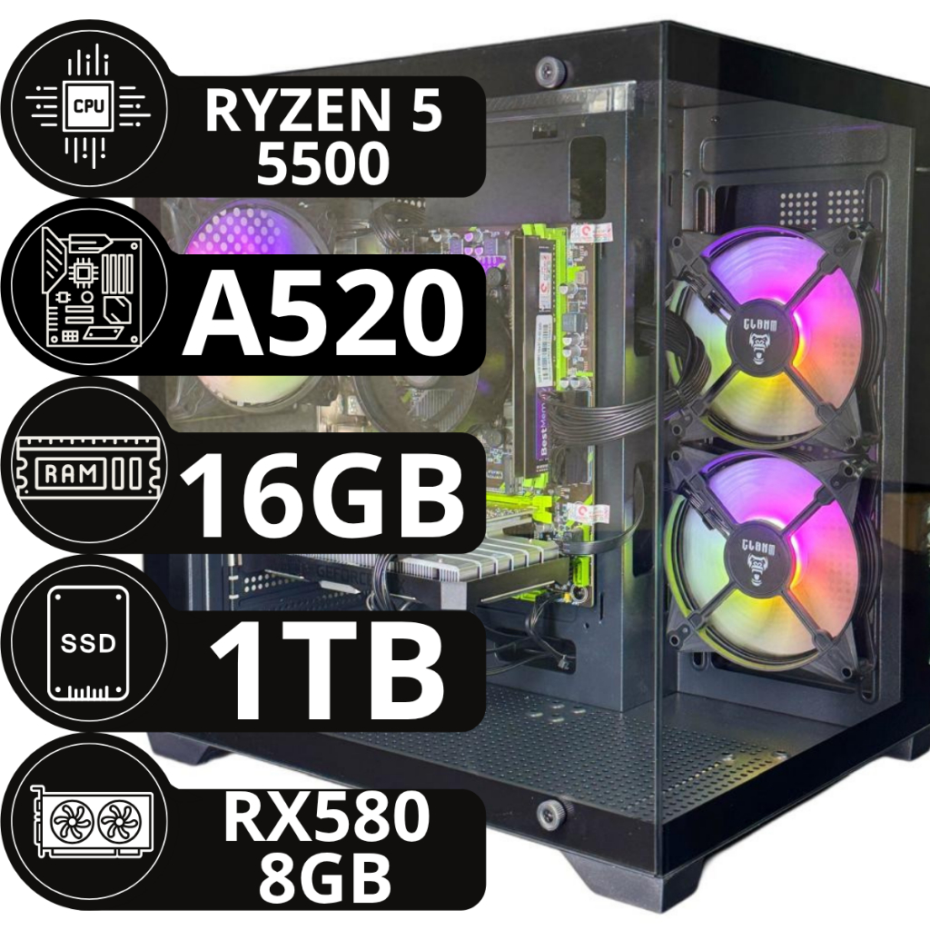 Pc Gamer AMD Ryzen 5 5500, Placa mãe A520M, 16Gb RAM 3200Mhz, SSD Nvme 1Tb, Font