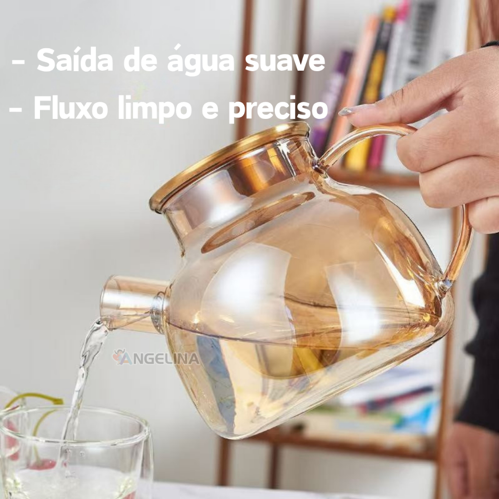 Chaleira de Vidro Âmbar com Infusor 1000ML Para Suco Ou Chá Com Tampa De Bambu