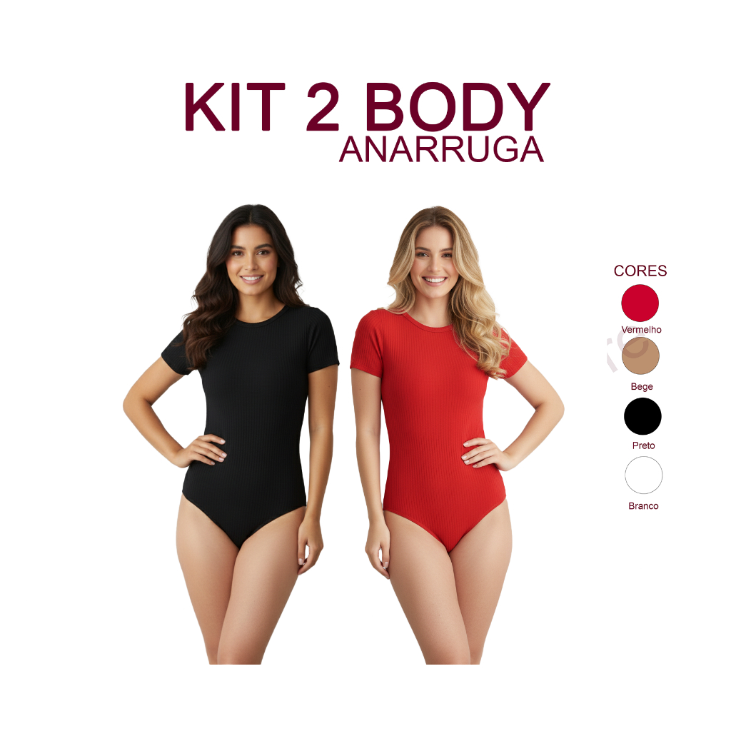 Kit 2 Body Manga Curta Canelado Feminino Atoalhado Anarruga Manguinha Premium Elastano