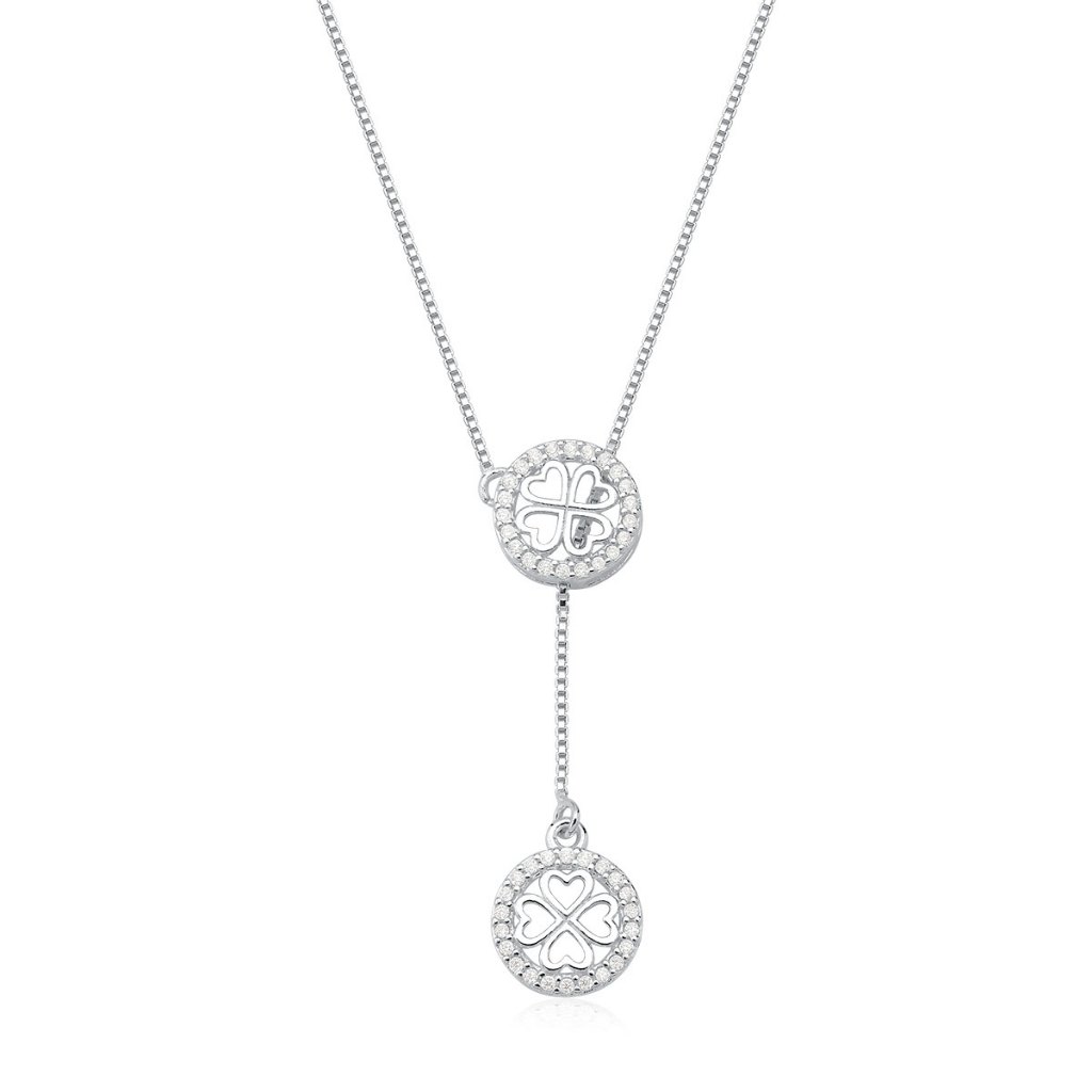 Colar Feminino de Prata 925 Gravatinha com Trevo e Zircônias Cravejada