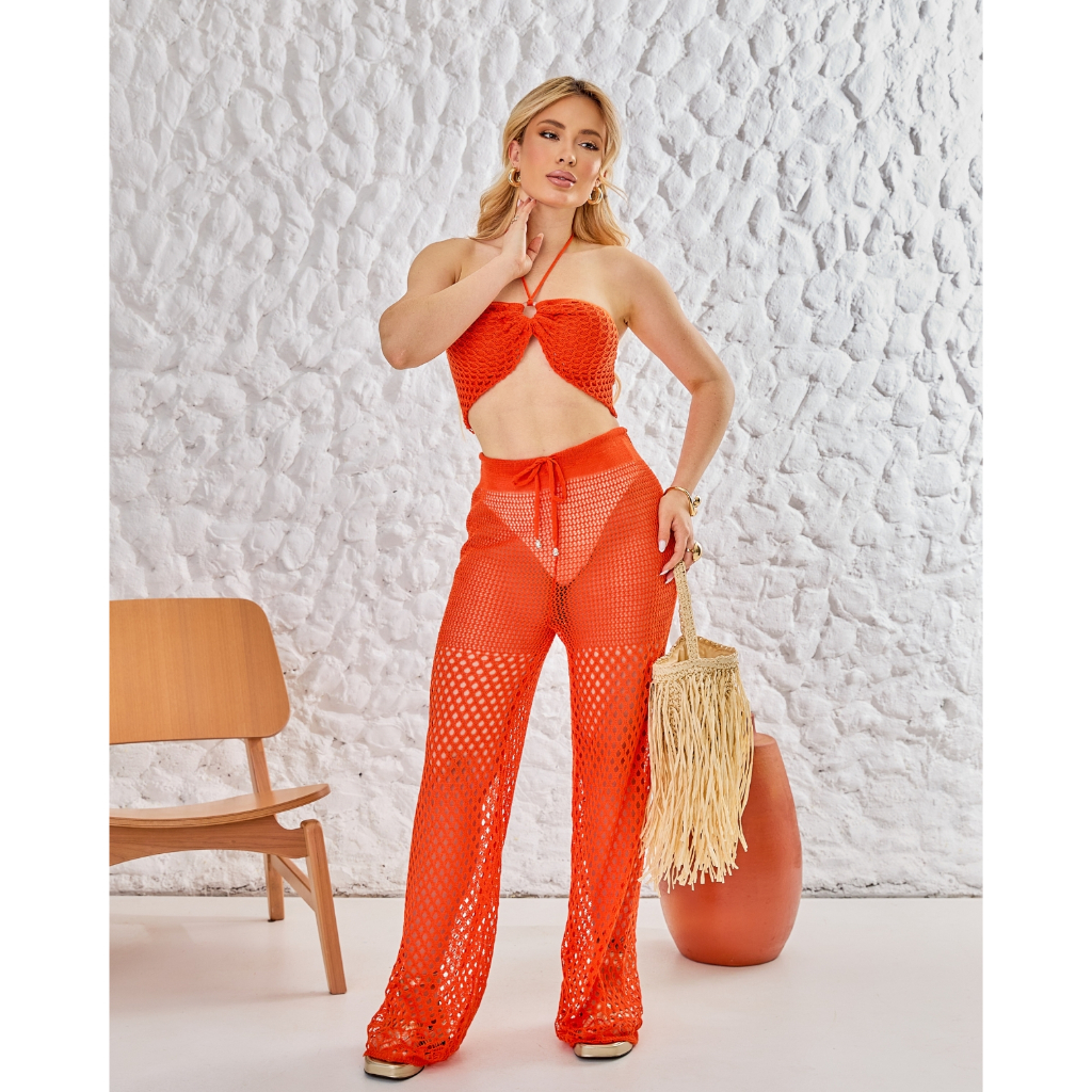 Conjunto Saída de Praia Calça Pantalona e Cropped Verão