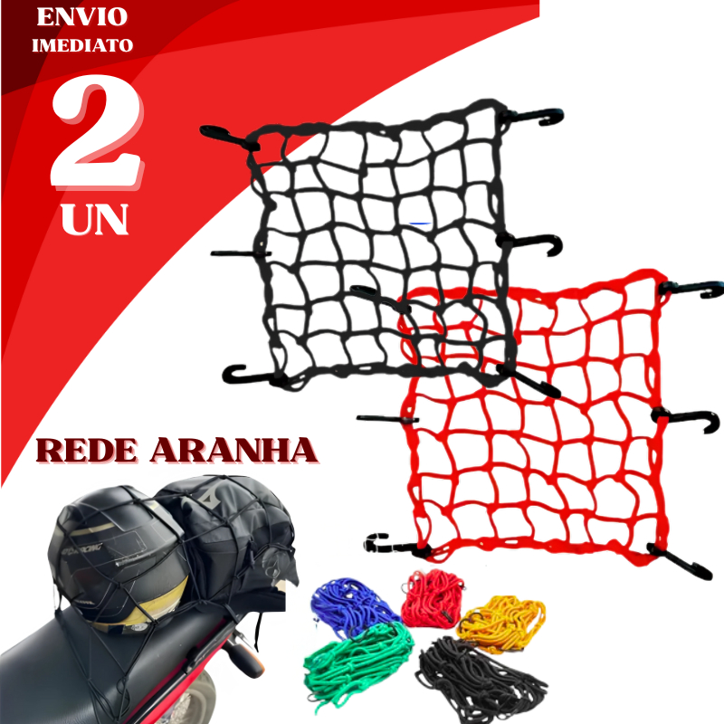 Kit 2 Rede Aranha Elástica Para Moto 30 x 30 com Ganchos Fixador de Capacete Bagagem Mochila