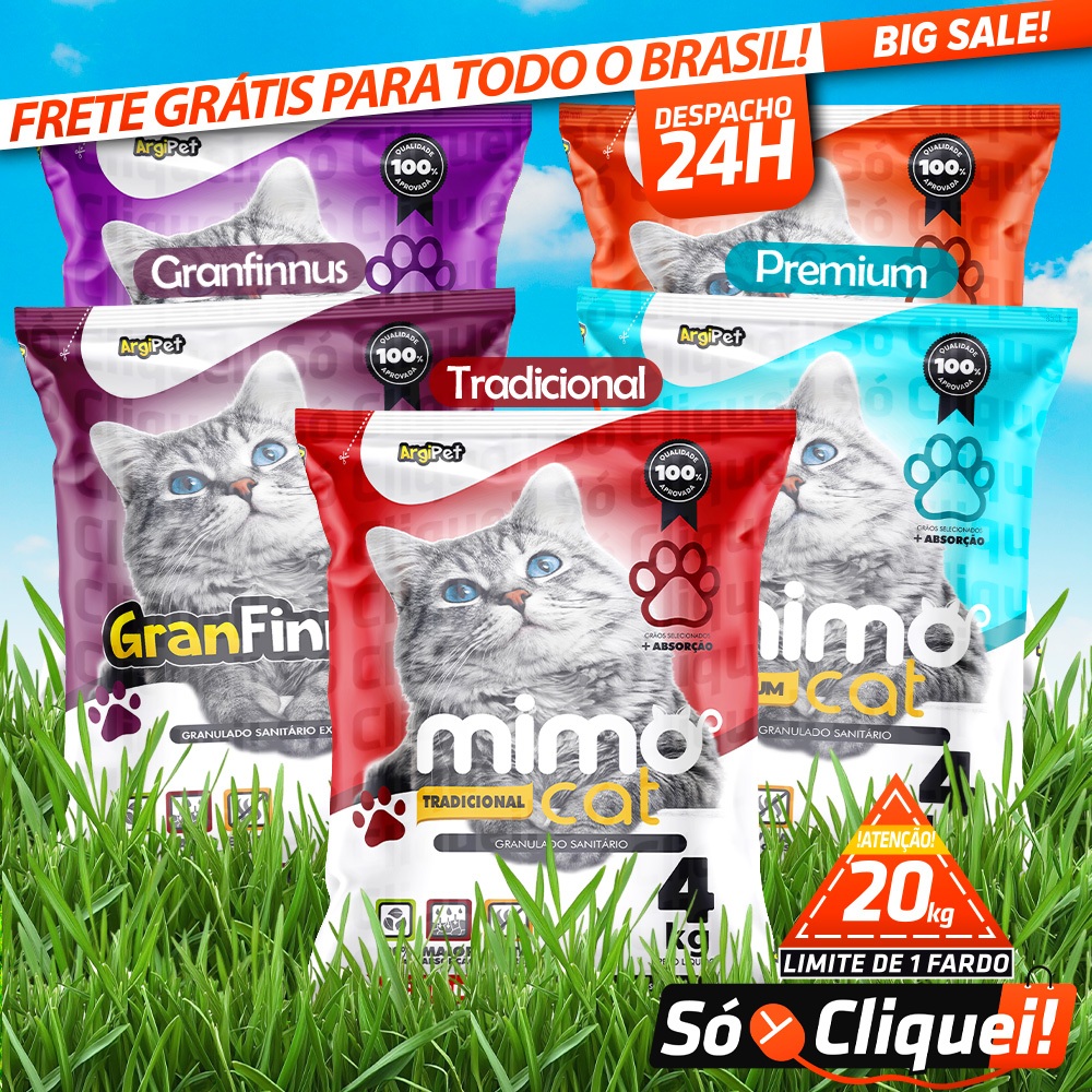 Kit Fardo 5 Pacotes de Areia Granulado Sanitário Perfumado Forma Torrões Absorção Antiodor Mimo Cat Gatos Argipet - 20KG