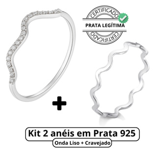 Kit Anel Prata 925 Ondulado Cravejado em Zircônias e Ondulado Liso Wave Delicado Feminino Garantia em Oferta na Shopee