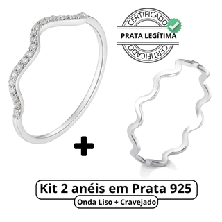 Kit Anel Prata 925 Ondulado Cravejado em Zircônias e Ondulado Liso Wave Delicado Feminino Garantia