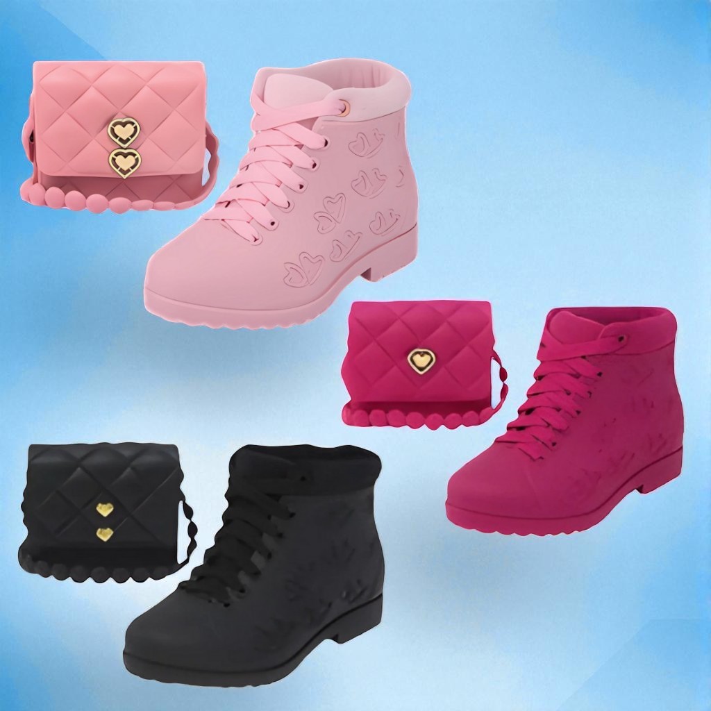 Conjunto Bota Infantil Coração Feminina + Bolsinha Coração  | Material Confortável e Impermeável