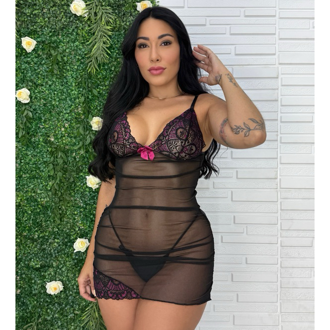 Camisola Feminina  de Tule Sedução Pura Espera Marido Gringa do Job Sem Aro Sem Bojo Mulher