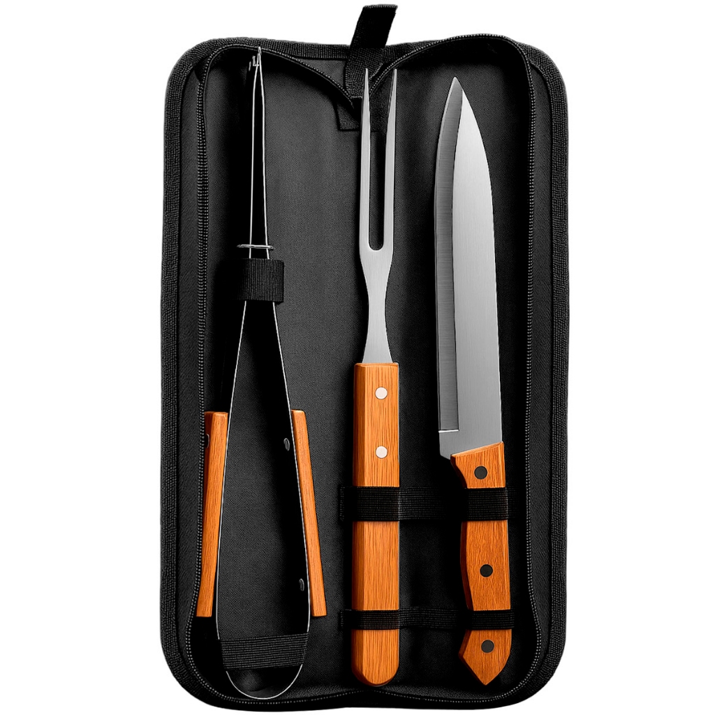 Kit De Churrasco 3 Peças Faca Garfo e Pegador Com Estojo Conjunto Churrasqueiro