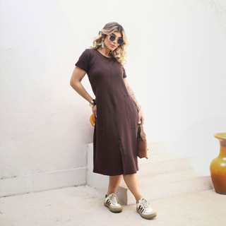 Vestido Midi com Fenda Fontal e Bolsos Casual em Oferta na Shopee