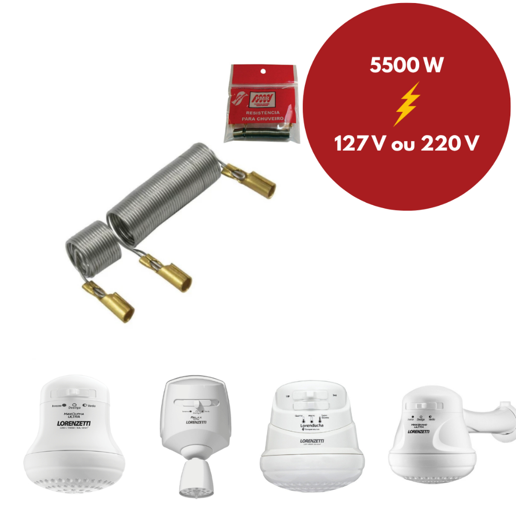 Resistência 127v e 220v 5500w PMR Compatível Lorenzetti Maxi-Ducha Maxi Banho Ducha Relax 3T Lorenducha Astra e Cardal