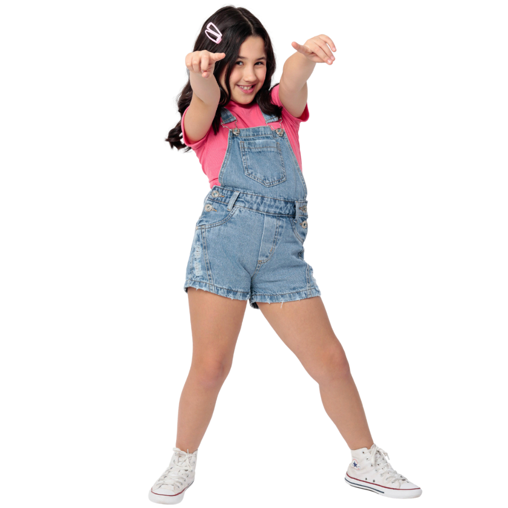 Jardineira Jeans Rasgado Curta Infantil Menina Blogueirinha Short Juvenil Roupa Criança