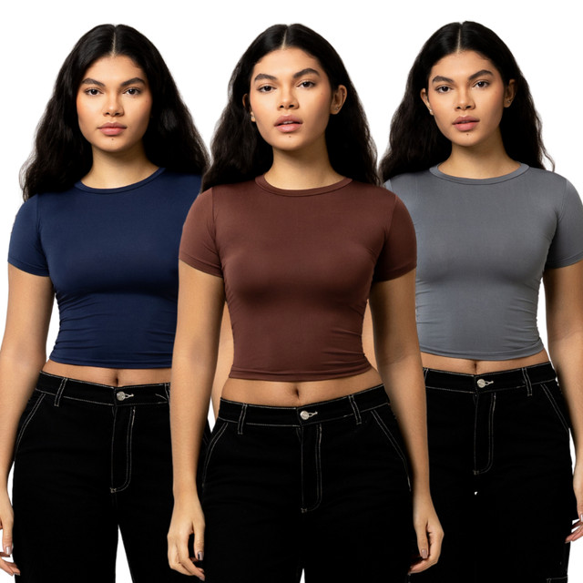 Kit 3 Baby Tee Feminina Blusa Básica Manga Curta Slim Fit Camiseta Baby Look Várias Cores