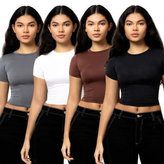 Kit 4 Baby Tee Feminina Blusa Básica Manga Curta Slim Fit Camiseta Baby Look Várias Cores