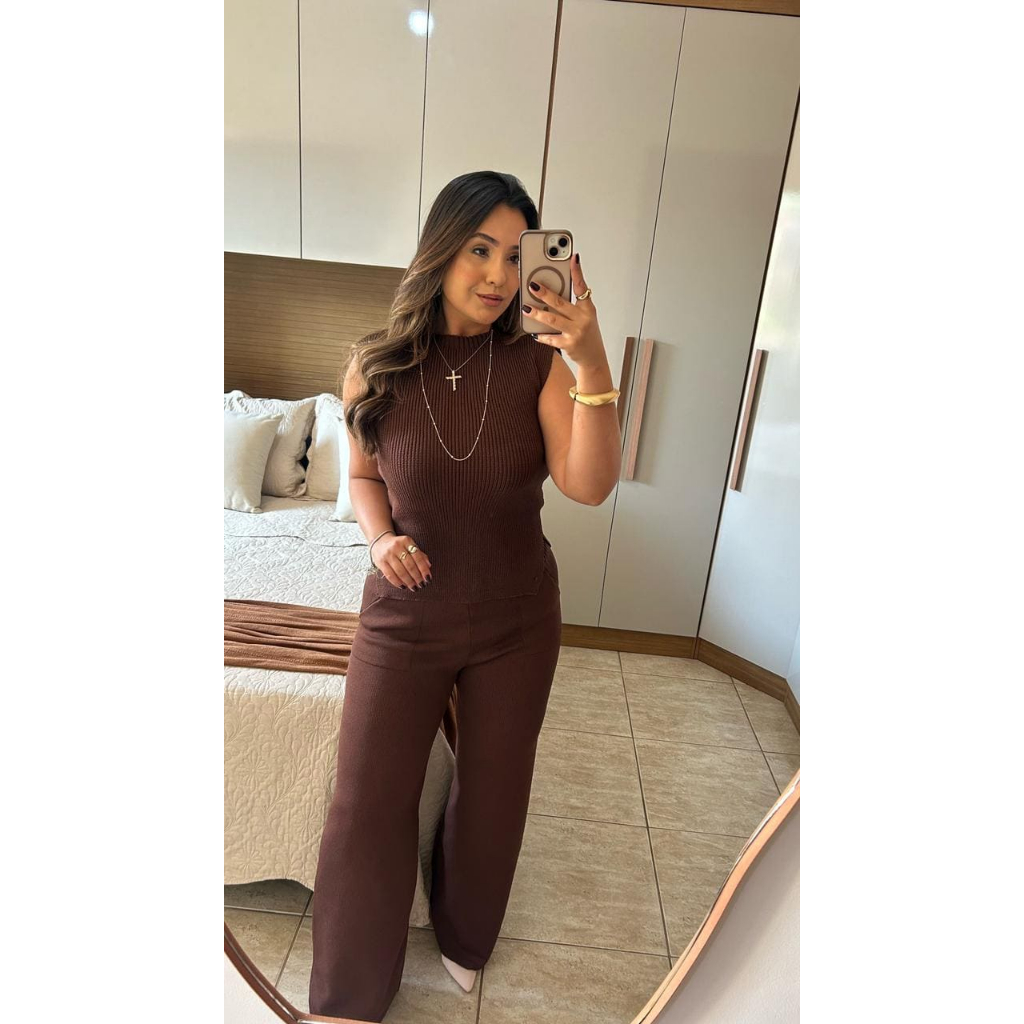 Conjunto Feminino  Calça Wide Leg com Colete Tricot Modal Aero Look lançamento  Verão 2026 em Oferta na Shopee
