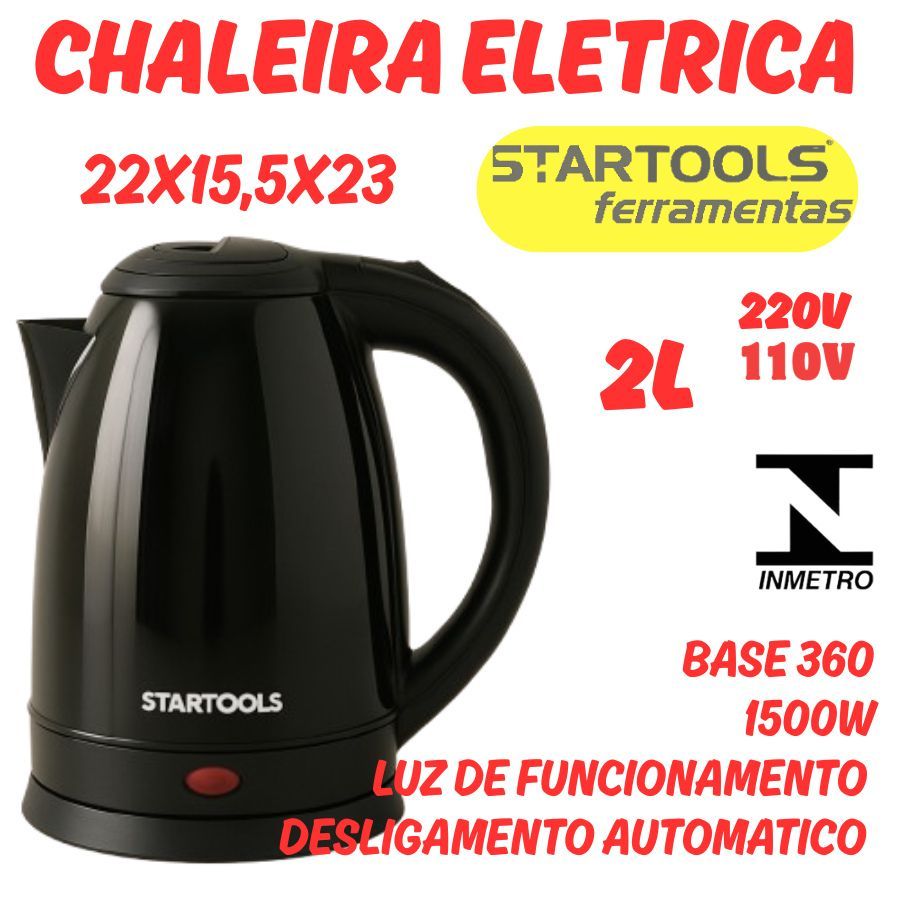 Chaleira Elétrica Jarra 2L 1500W 110V 220V Base Rotativa LED Indicativo Desligamento Automático