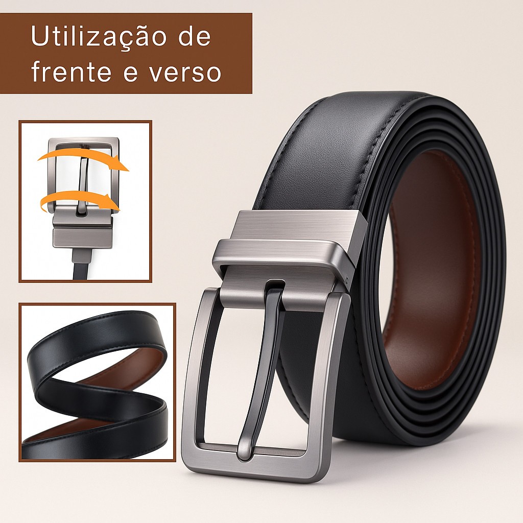 Cinto Masculino Dupla Face em Couro Legítimo com Fivela Giratória Reversível Social em Oferta na Shopee