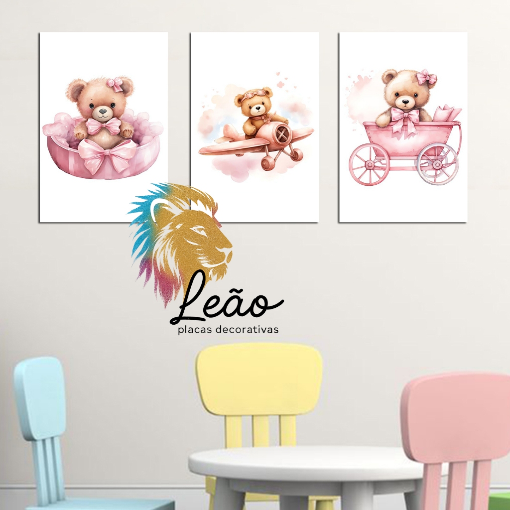 quadros lindo decoração quarto infantil ursinha AVIÃO ROSA URSA NO BALDE ROSA imagem retro cavalinho madeira 20x30cm