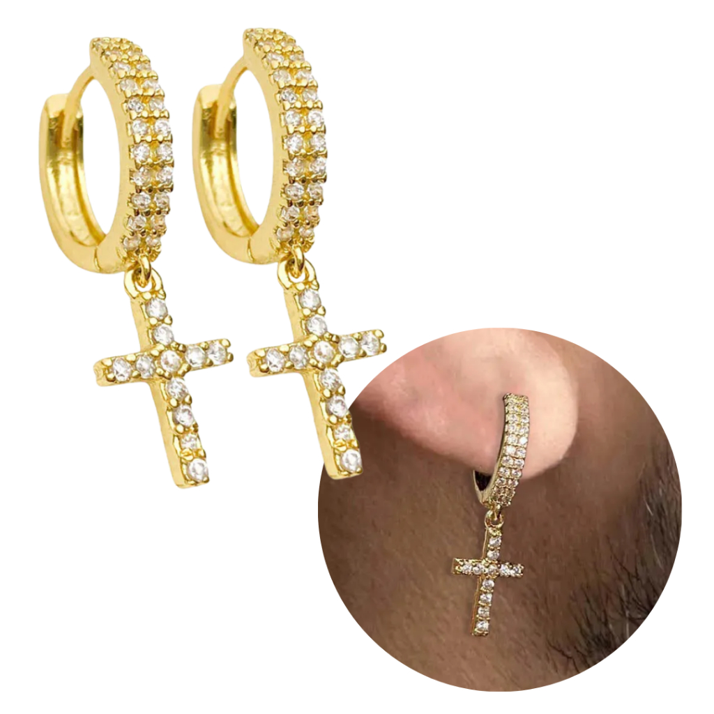 Brinco Crucifixo com Argola Cravejada Duas Fileiras Joia Banhada a Ouro 18K Luxo