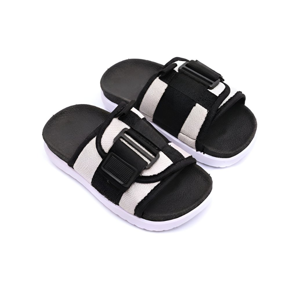 Chinelo Sandália Infantil Slide Conforto Preto e Off-White Menino/Menina