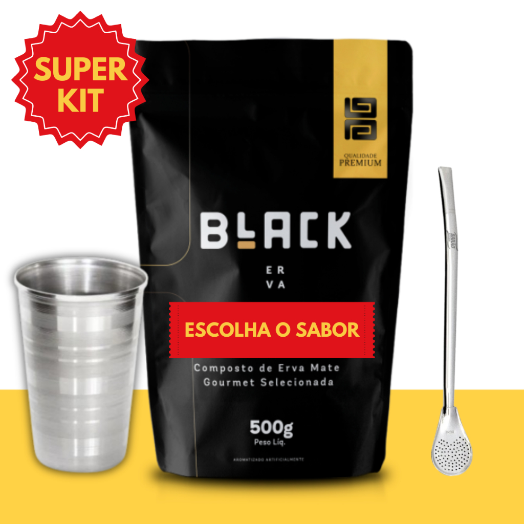 KIT TERERÉ BLACK  Erva Mate 500g Sabores + Copo Aluminio  + Bomba Tereré 19cm Luxo